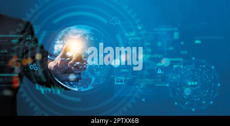 Businessman holding global business Digital technology communication cyber network. Business big data and marketing concept WEB 3.0.hand touch globe i Stock Photo