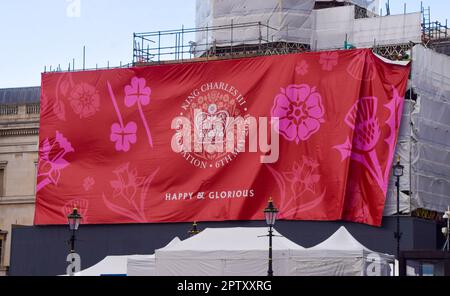London, UK. 28th April 2023. A huge emblem covers the National Gallery in Trafalgar Square ahead of the coronation of King Charles III, which takes place on May 6th. Credit: Vuk Valcic/Alamy Live News Stock Photo