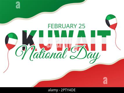 National Kuwait Day on February 25th with Waving Flag and Independence Celebration in Flat Cartoon Hand Drawn Templates Illustration Stock Photo