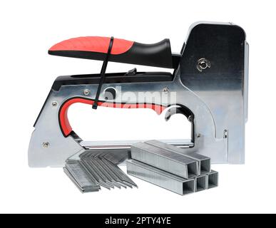 Household manual stapler and staples on a white background Stock Photo