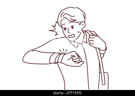 Stressed man look at wristwatch being late for work. Unhappy guy check time worry about missed deadline. Time management. Vector illustration. Stock Photo