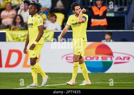 Daniel Parejo (Villarreal CF, #10) celebrate after scoring the goal during the LaLiga Santander match between Villarreal CF and RCD Espanyol, in Villa Stock Photo