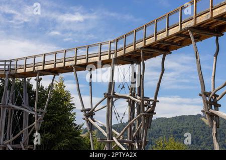 Observation tower located at the top of the Słotwiny Arena ski station, Krynica Zdroj, Beskid Mountains, Slotwiny, Poland. It is the first treetop obs Stock Photo