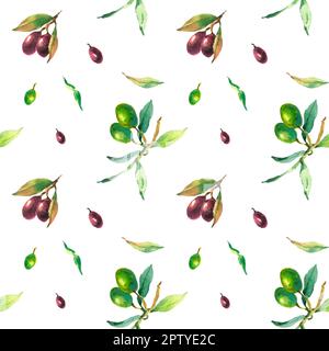 Watercolor seamless pattern of green and black olive branches on a white background Stock Photo