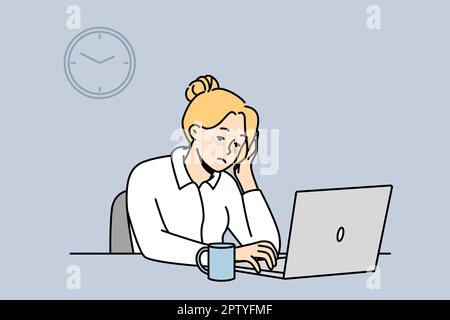 Tired female employee burnout at office desk Stock Vector