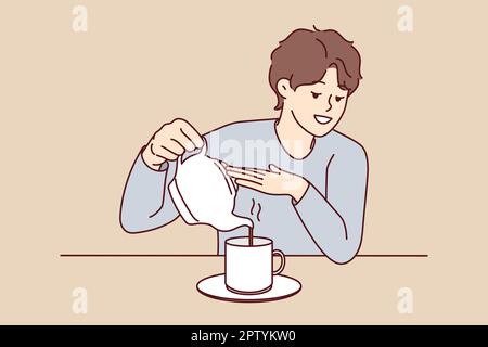 Man pour tea from kettle in mug Stock Vector