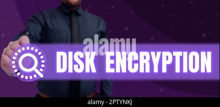 Conceptual caption Disk Encryption, Word for the security mechanism used to protect data at rest Stock Photo