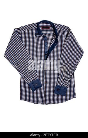 Checked shirts. Close-up of a blue gray and white tartan or plaid shirt for mens isolated on a white background. Clipping path. Summer fashion of mans Stock Photo