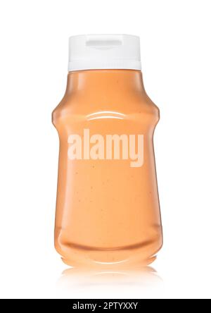 Ketchup and mayonnaise mixed sauce in plastic bottle on white. Stock Photo
