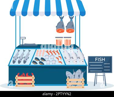 Fish Store to Market Various Fresh and Hygienic Products Seafood in Flat Cartoon Hand Drawn Templates Illustration Stock Vector