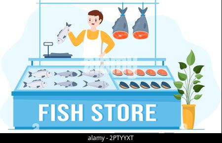 Fish Store to Market Various Fresh and Hygienic Products Seafood in Flat Cartoon Hand Drawn Templates Illustration Stock Vector