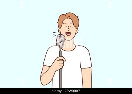 Smiling man sing in microphone Stock Vector