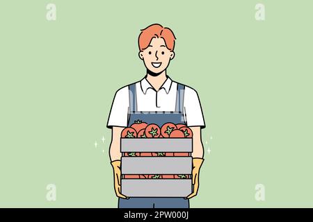 Smiling male farmer with box of tomatoes Stock Vector