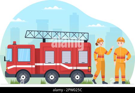 Fire Department with Firefighters Extinguishing House, Forest and Helping People in Various Situations in Flat Hand Drawn Cartoon Illustration Stock Vector