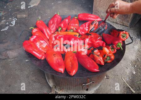 Roasting red peppers for a smoky flavor and quick peeling. Thermal processing of the pepper crop on metal circle. Brazier container used to burn charc Stock Photo