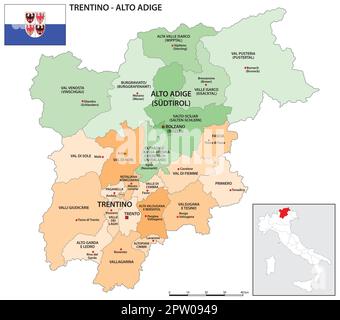 District map of Trentino-Alto Adige with flag Stock Vector