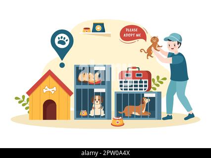 Adopt a Pet From an Animal Shelter in the Form of Cats or Dogs to Care for and Look After in Flat Cartoon Hand Drawn Templates Illustration Stock Photo