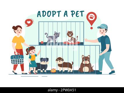 Adopt a Pet From an Animal Shelter in the Form of Cats or Dogs to Care for and Look After in Flat Cartoon Hand Drawn Templates Illustration Stock Photo