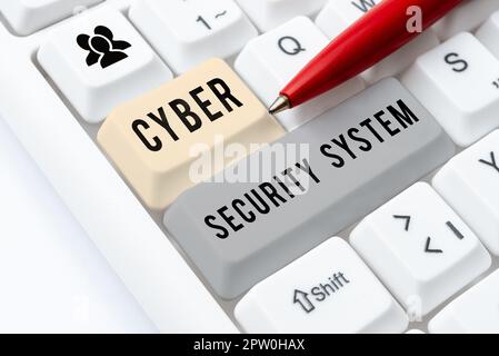Hand writing sign Cyber Security System, Word for Techniques of protecting computers from hacking Stock Photo