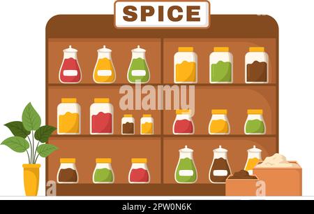 Spice Shop with Different Hot Spices, Condiment, Exotic Fresh Seasoning and Traditional Herbs in Flat Cartoon Hand Drawn Templates Illustration Stock Vector