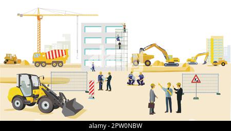 Construction site with excavators, construction machines and heavy trucks, illustration Stock Vector
