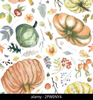 Autumn seamless watercolour pattern with pumpkins, leaves, rose hip, Rowanberry hand drawn isolated on white Stock Photo
