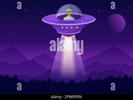 UFO Flying Spaceship with Rays of Light in Sky Night City View and Alien in Flat Cartoon Hand Drawn Templates Illustration Stock Vector