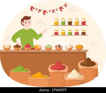 Spice Shop with Different Hot Spices, Condiment, Exotic Fresh Seasoning and Traditional Herbs in Flat Cartoon Hand Drawn Templates Illustration Stock Vector