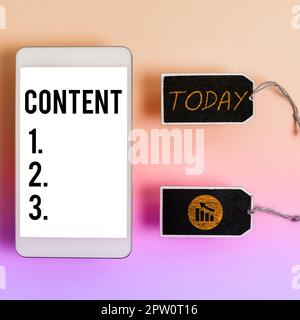 Sign displaying Content, Word Written on Things included in something Marketing material State of happiness Stock Photo