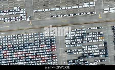 Aerial view of new cars stock at factory parking lot. Above view cars parked in a row. Automotive industry. Logistics business. Import or export new c Stock Photo
