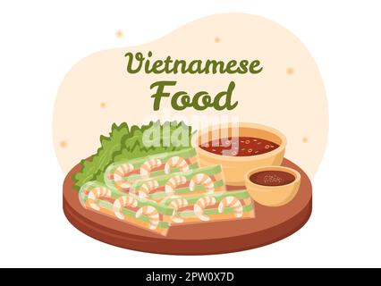 Vietnamese Food Restaurant Menu with Collection of Various Delicious Cuisine Dishes in Flat Style Cartoon Hand Drawn Templates Illustration Stock Photo