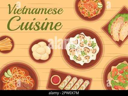 Vietnamese Food Restaurant Menu with Collection of Various Delicious Cuisine Dishes in Flat Style Cartoon Hand Drawn Templates Illustration Stock Photo