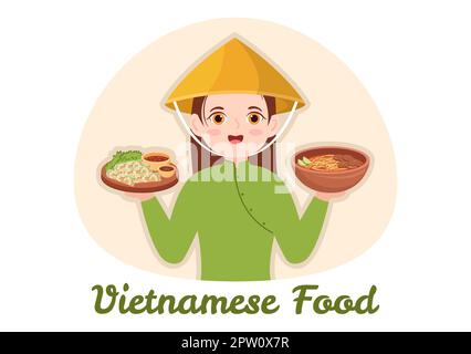 Vietnamese Food Restaurant Menu with Collection of Various Delicious Cuisine Dishes in Flat Style Cartoon Hand Drawn Templates Illustration Stock Photo