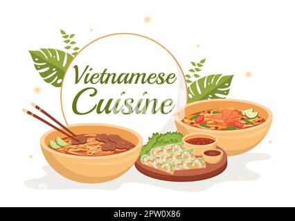 Vietnamese Food Restaurant Menu with Collection of Various Delicious Cuisine Dishes in Flat Style Cartoon Hand Drawn Templates Illustration Stock Photo