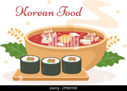 Korean Food Set Menu of Various Traditional or National Delicious Cuisine Dish in Flat Cartoon Hand Drawn Templates Illustration Stock Vector