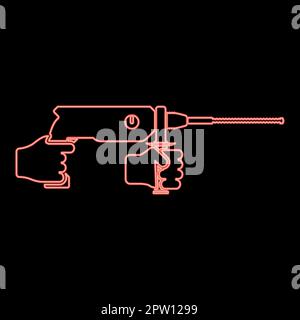 Neon electric rotary hammer drill in hand holding tool use Arm using Power tool red color vector illustration image flat style Stock Vector