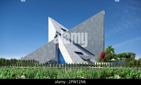 Futuristic architecture illustration with an origami-shaped building ...