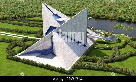 Futuristic architecture illustration with an origami-shaped building ...