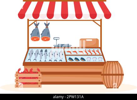 Fish Store to Market Various Fresh and Hygienic Products Seafood in Flat Cartoon Hand Drawn Templates Illustration Stock Vector