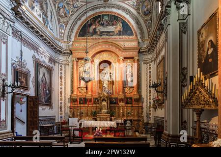 Huelva, Spain - April 22, 2023: Chapel of Sacred Heart of Jesus inside of the Parish Church of San Juan Bautista, Saint John Baptist, in La Palma del Stock Photo