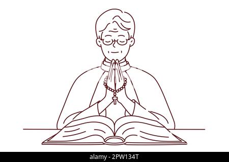 Pastor with rosary praying in church Stock Vector