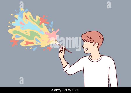 Cheerful male artist applying paint on wall drawing abstract colorful blots. Vector image Stock Vector