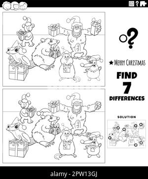 differences game with animals on Christmas time coloring page Stock ...