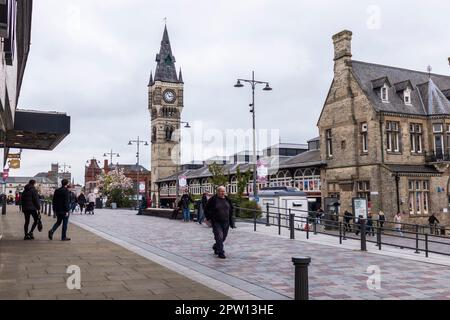 A view of the town clock and indoor market in Darlington in the north east of England. Stock Photo