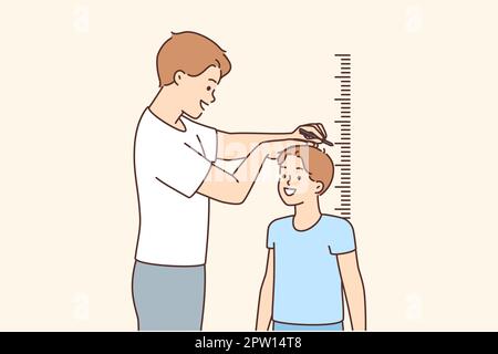 Smiling father measure son height near wall Stock Vector