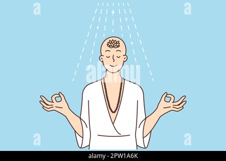 Bald woman with mudra hands meditate engaged in spiritual ritual. Religious calm female practice yoga relieve stress. Faith and spirituality. Vector i Stock Photo