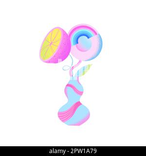 Psychedelic composition of colorful abstract flowers in the form of citrus fruit and rainbow in vase. Contemporary Art. Sticker, print on t-shirt, postcard. Vector illustration Stock Vector