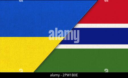 Flag of Ukraine and Gambia - 3D illustration. Two Flag Together. National Symbols of Ukraine and Gambia. Ukrainian and Gambian relations. Meeting betw Stock Photo