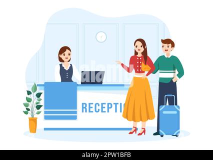 Hotel Reception Interior with Receptionist People and Travelers for Booking in Flat Cartoon Hand Drawn Template Illustration Stock Photo