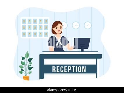 Hotel Reception Interior with Receptionist People and Travelers for Booking in Flat Cartoon Hand Drawn Template Illustration Stock Photo